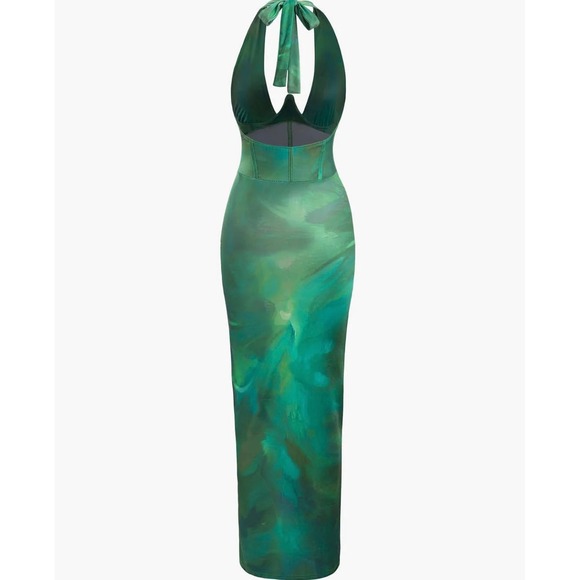 Micas Green Halter Maxi Dress Ruched Slit Bodycon‎ Party Cocktail Evening XL - Picture 5 of 8